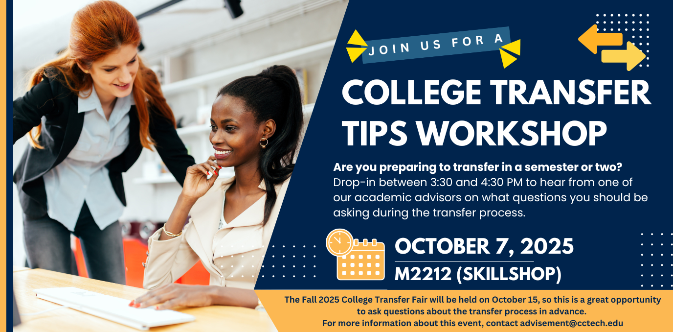 Event details in CCTC colors with photo of a woman leaning over guiding a student on a computer.