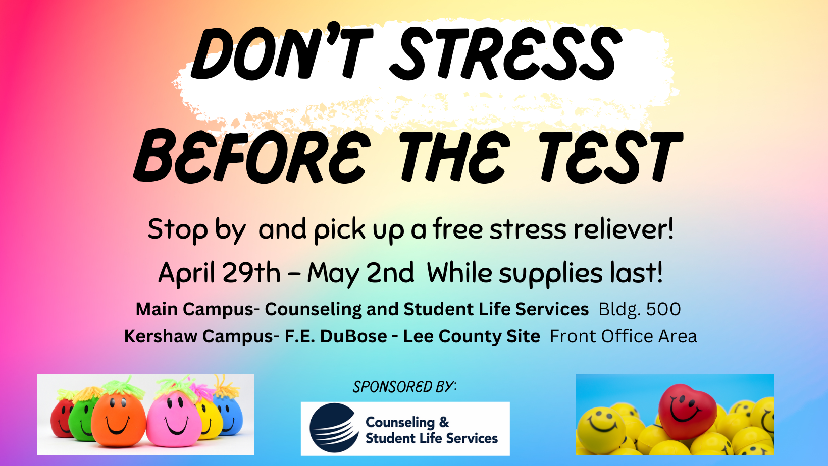 Fun graphic with rainbow image, event details, and fun fidget toys.