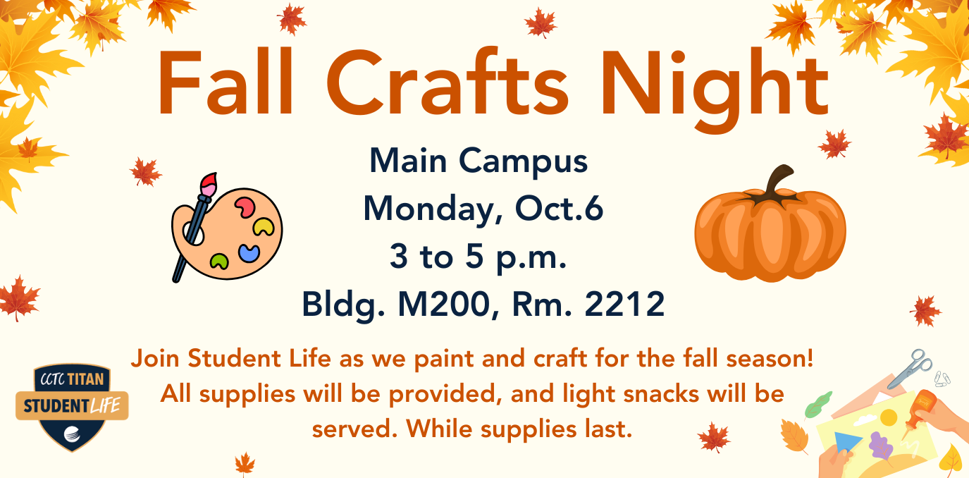 Event details with fun fall and art themed background.