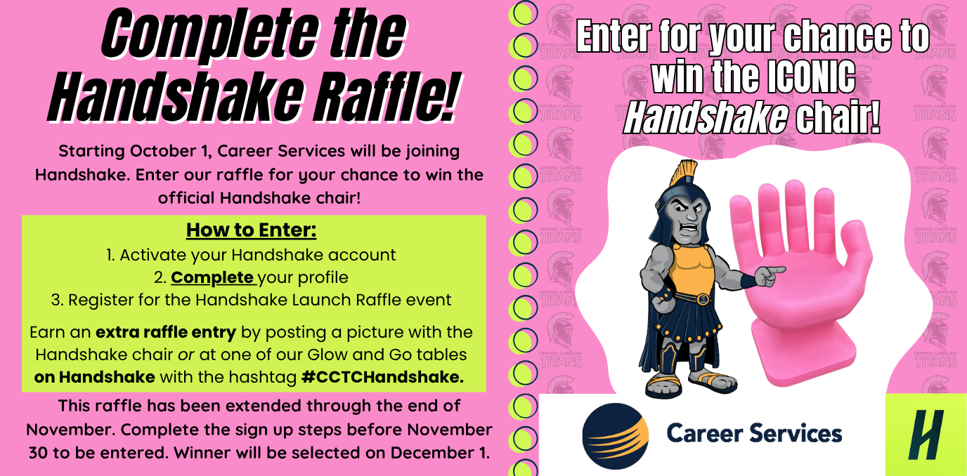 Raffle details with Titan Mascot poitning to the pink hand shaped chair raffle prize.