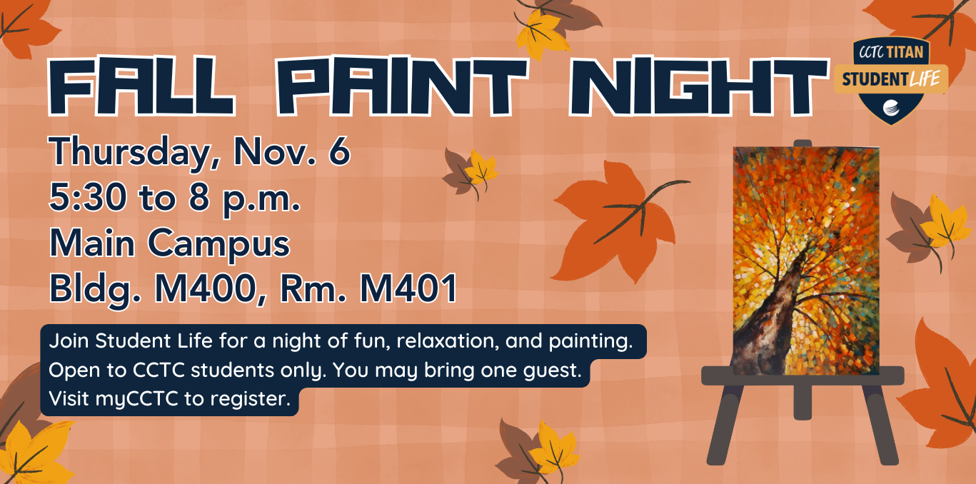 Event details with autumn theme, plaid background, student life logo, and an easel with photo of an autumn tree that will be painted.