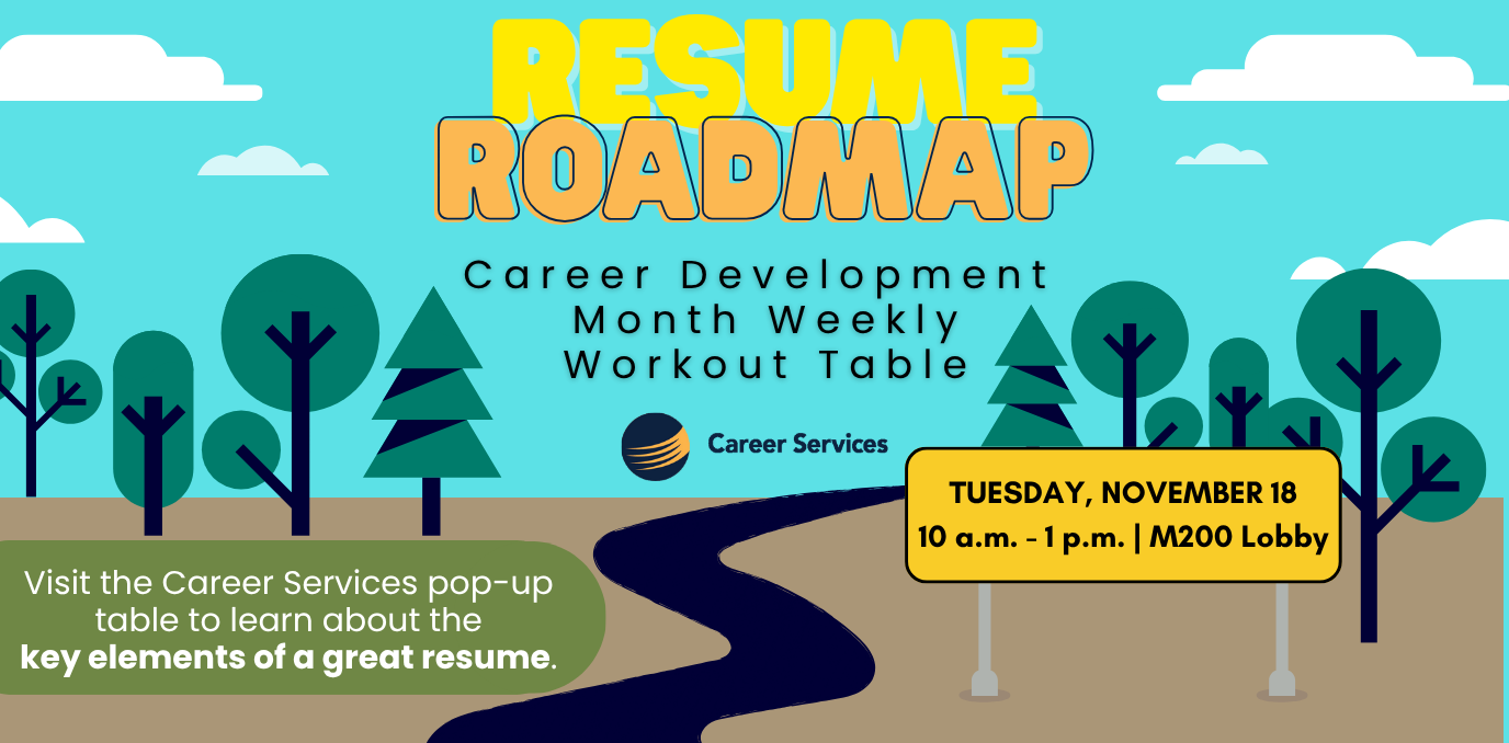 Event details with fun cartton road scene with pine trees, blue background, and road sign.