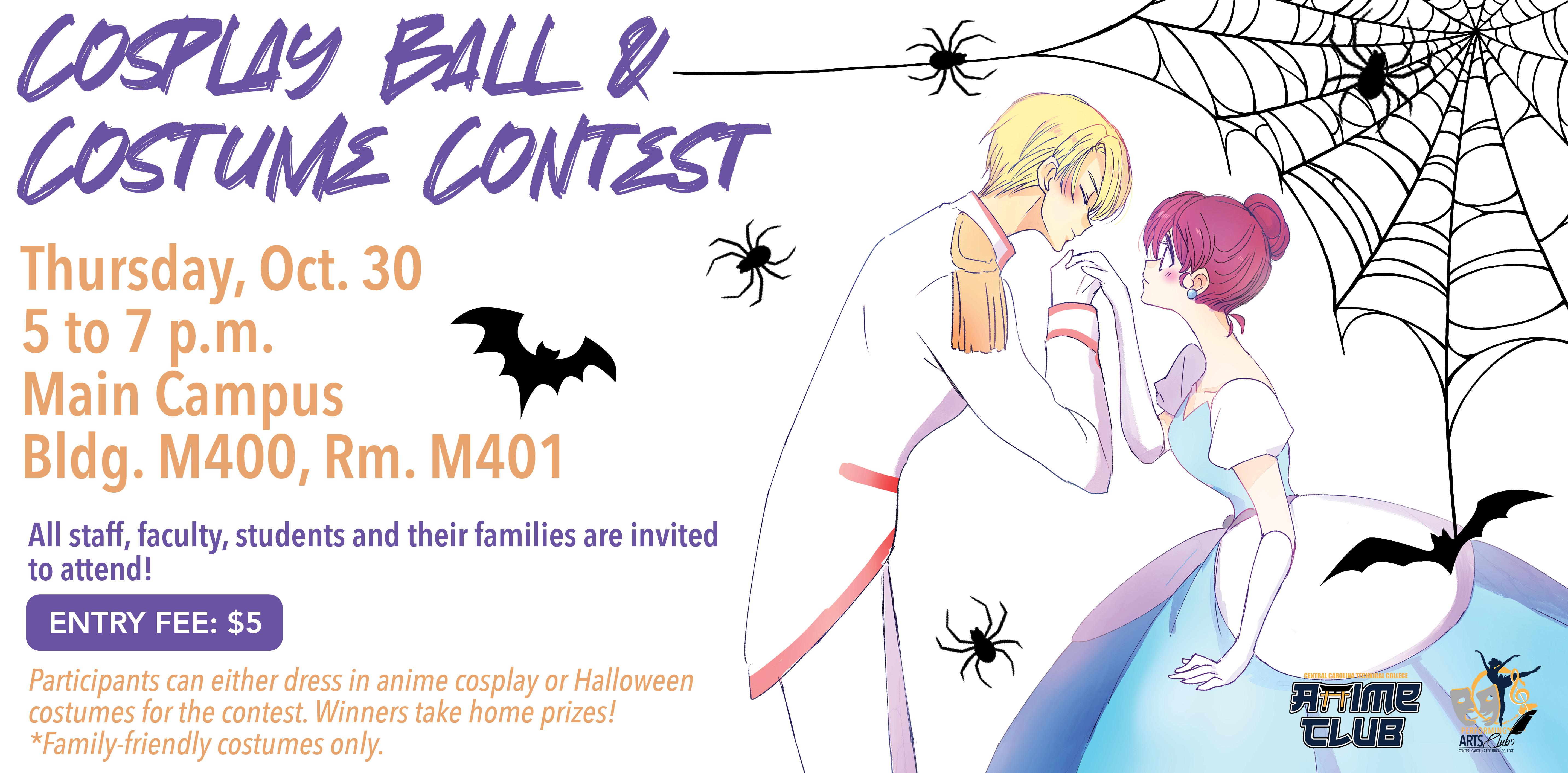Event deatils with animce cartton in a dance position with spiderwebs, spiders, and bats.
