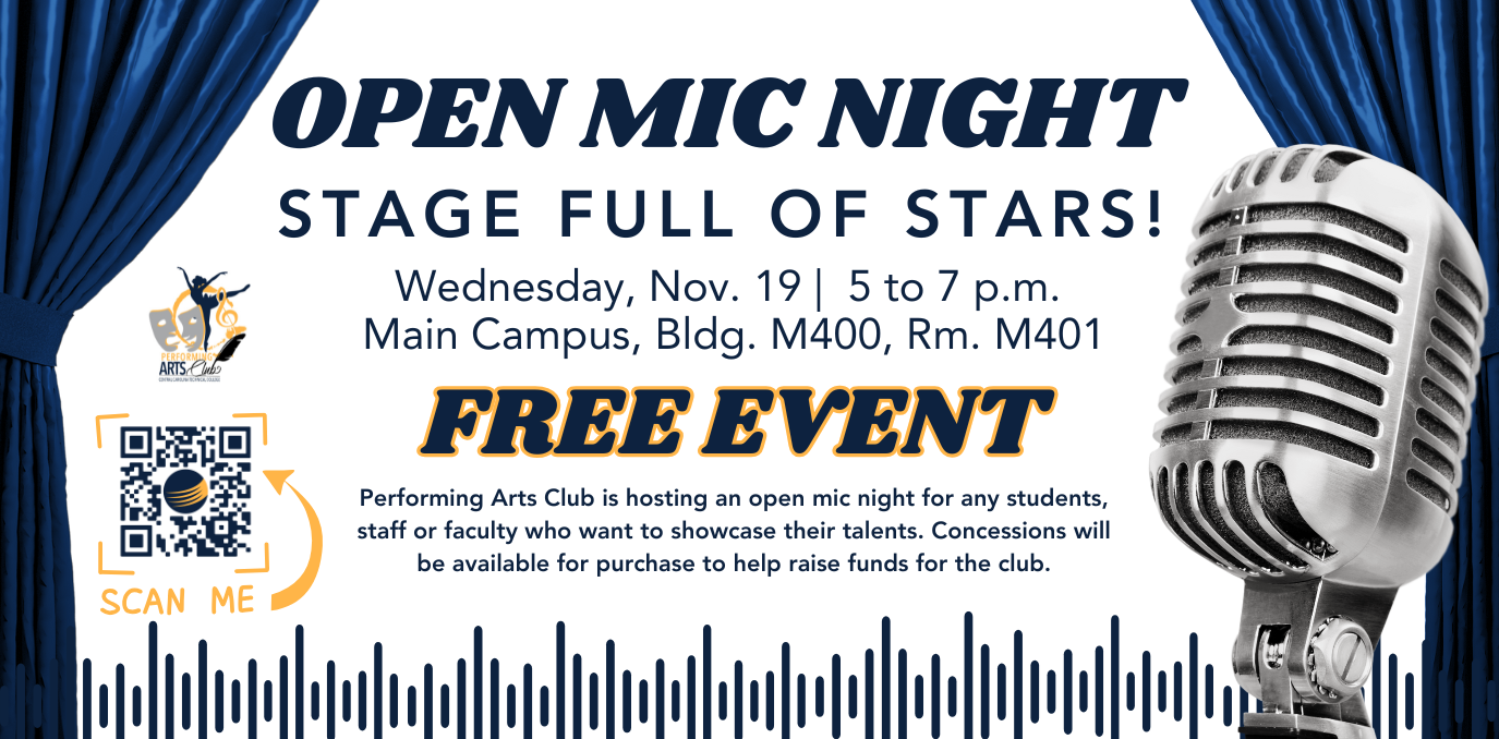 Event details with blue theater curtains framing the graphic and a microphone in the forefront. Scannable QR code and Performing Arts Logo.