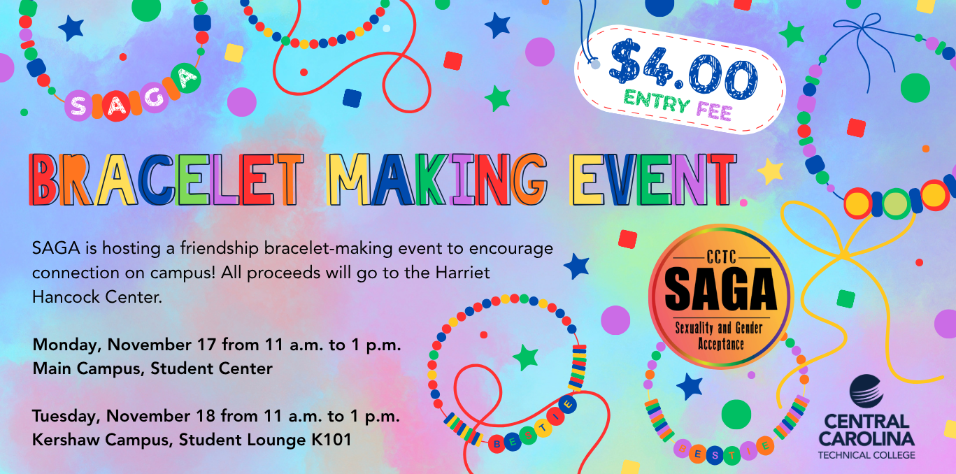 Event details with SAGA logo, colorful bracelets, and colorful tie-dyed background.