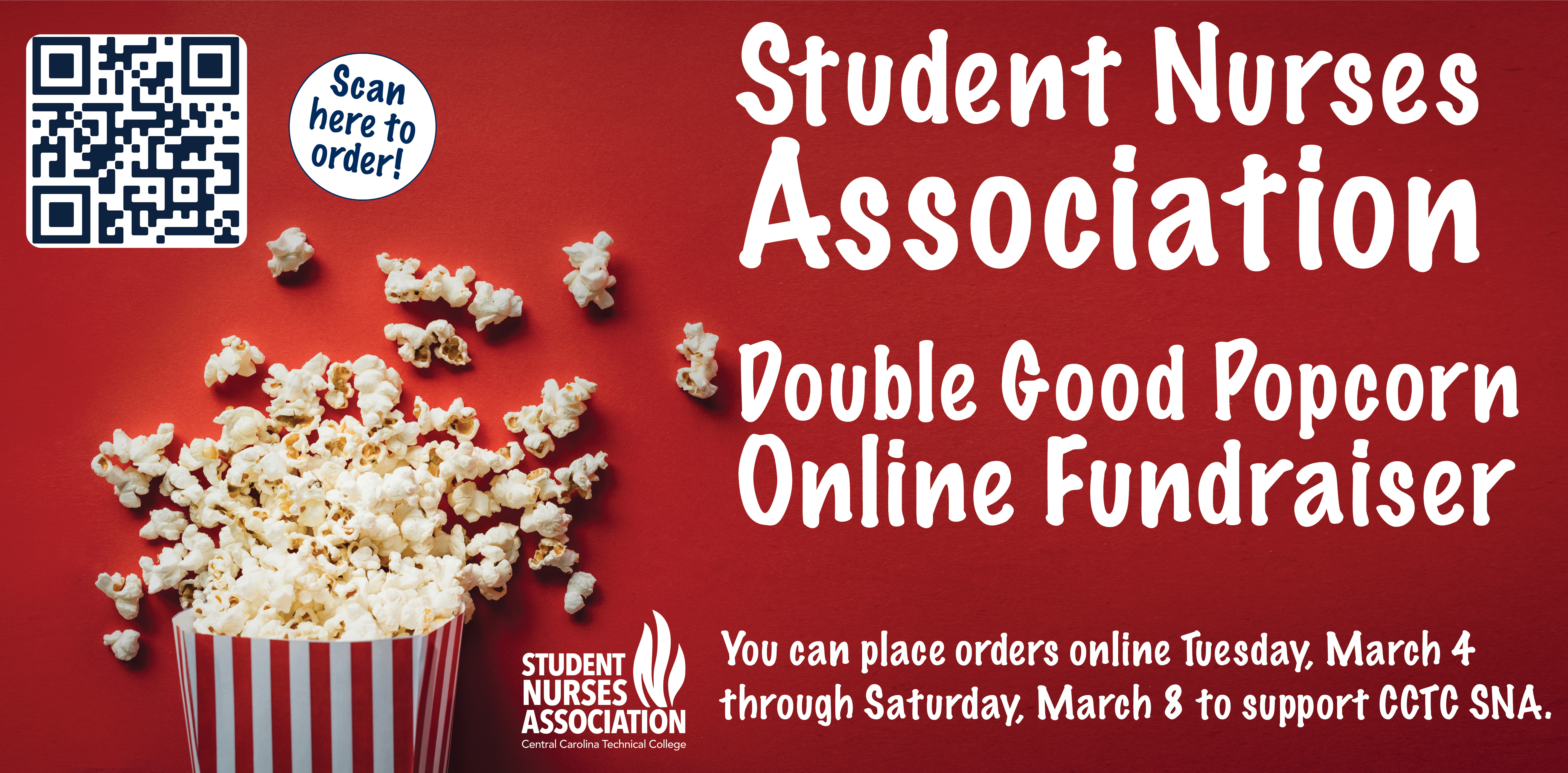 Student Nurses popcorn fundraiser event graphic with QR code to scan to order.
