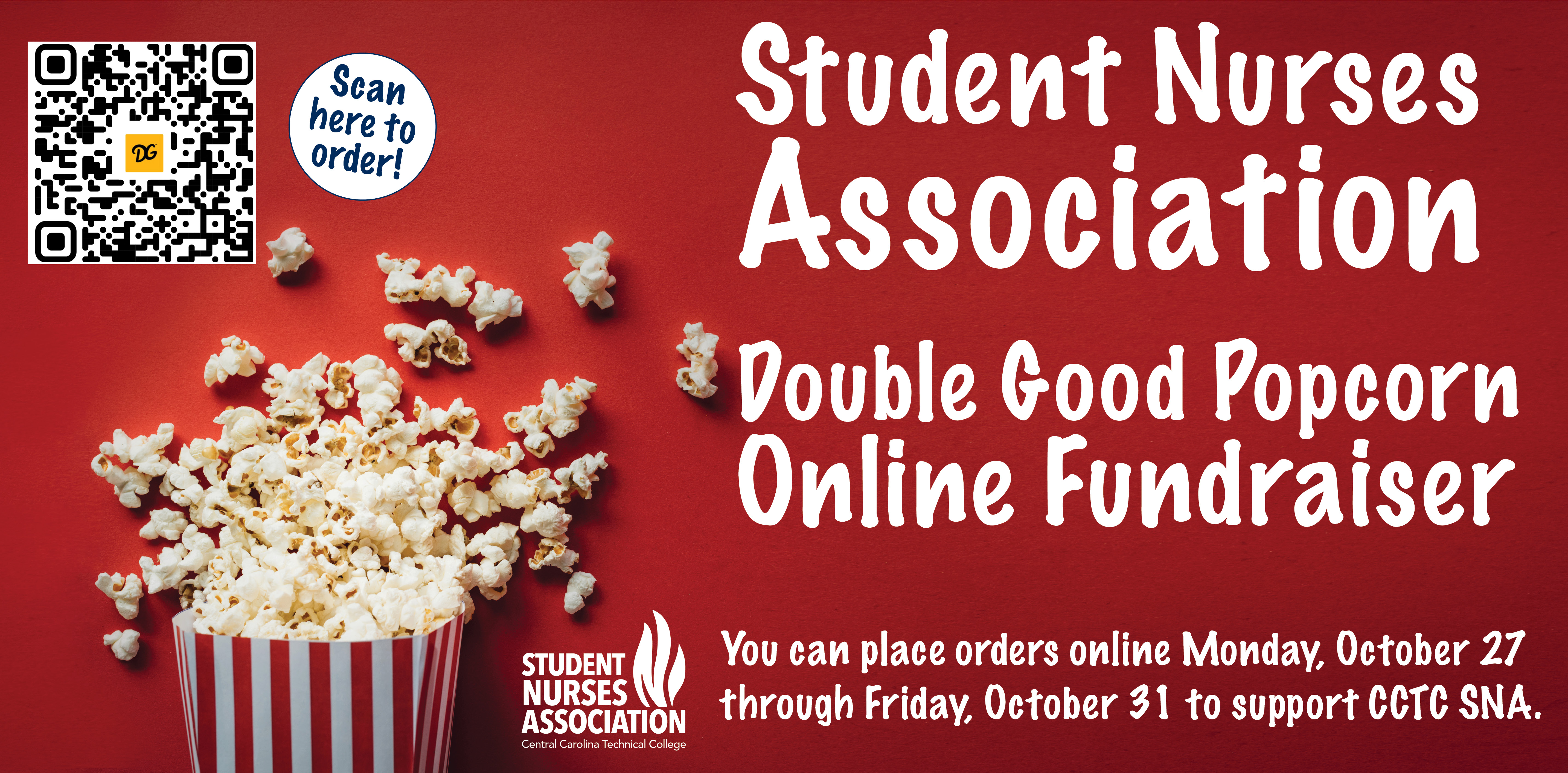 Fundraiser details with red background, photo image of a red and white striped box of spilled popcorn, and scannable QR code.