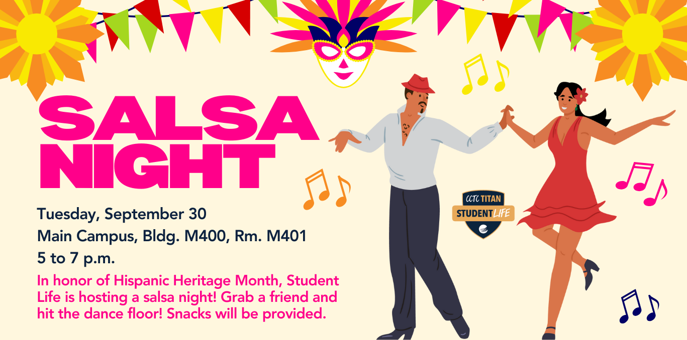 Event details with fun salsa theme and cartoon dancing couple.