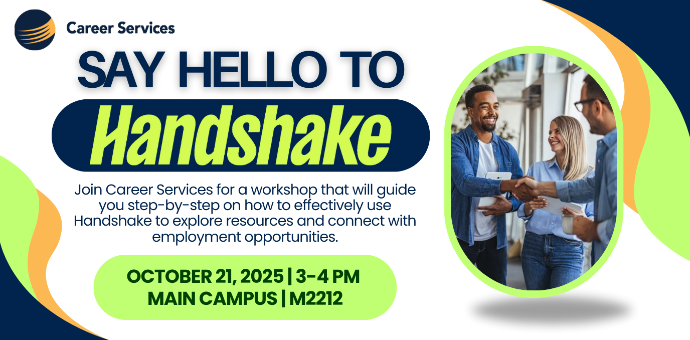 Event details with fun geometric shapes in CCTC and Handhsake colors and photo of students meeting with employers.