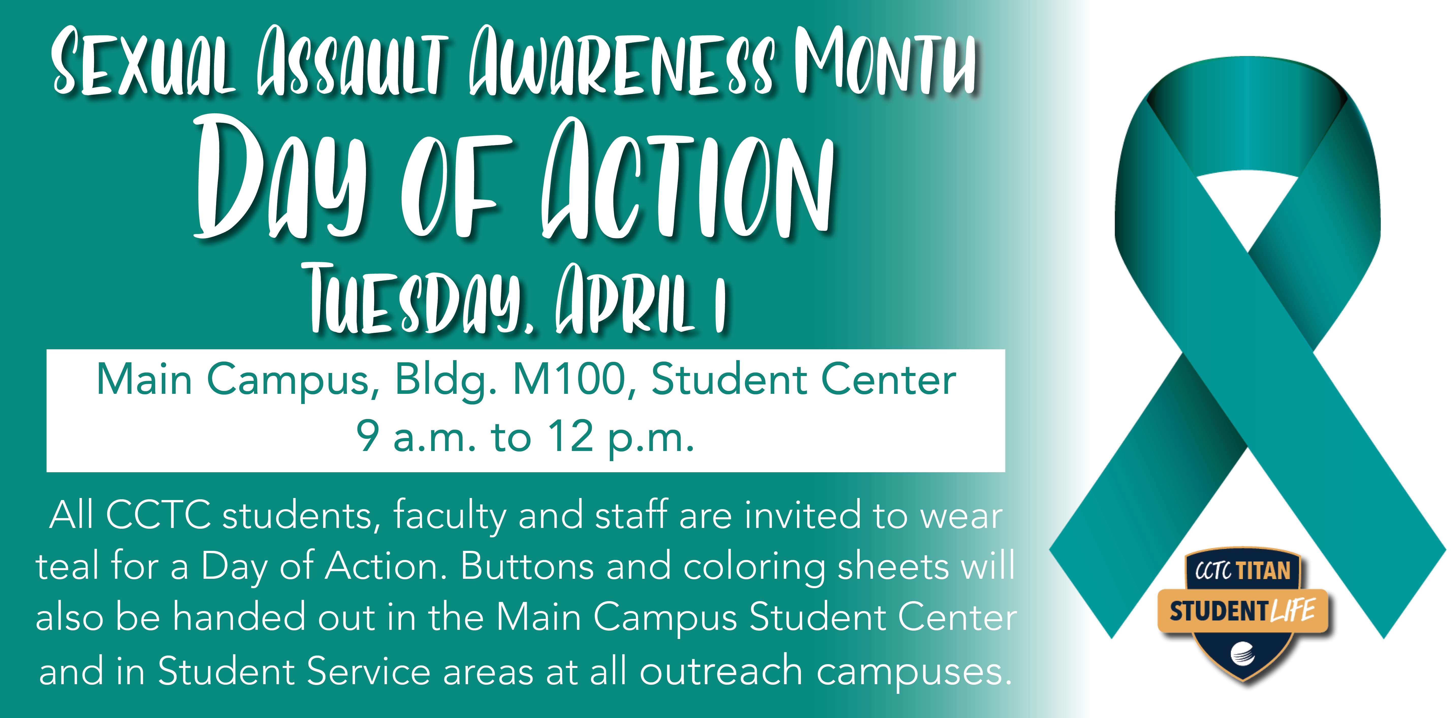 Event details with Sexual Assault Awareness colors or teal and teal ribbon.