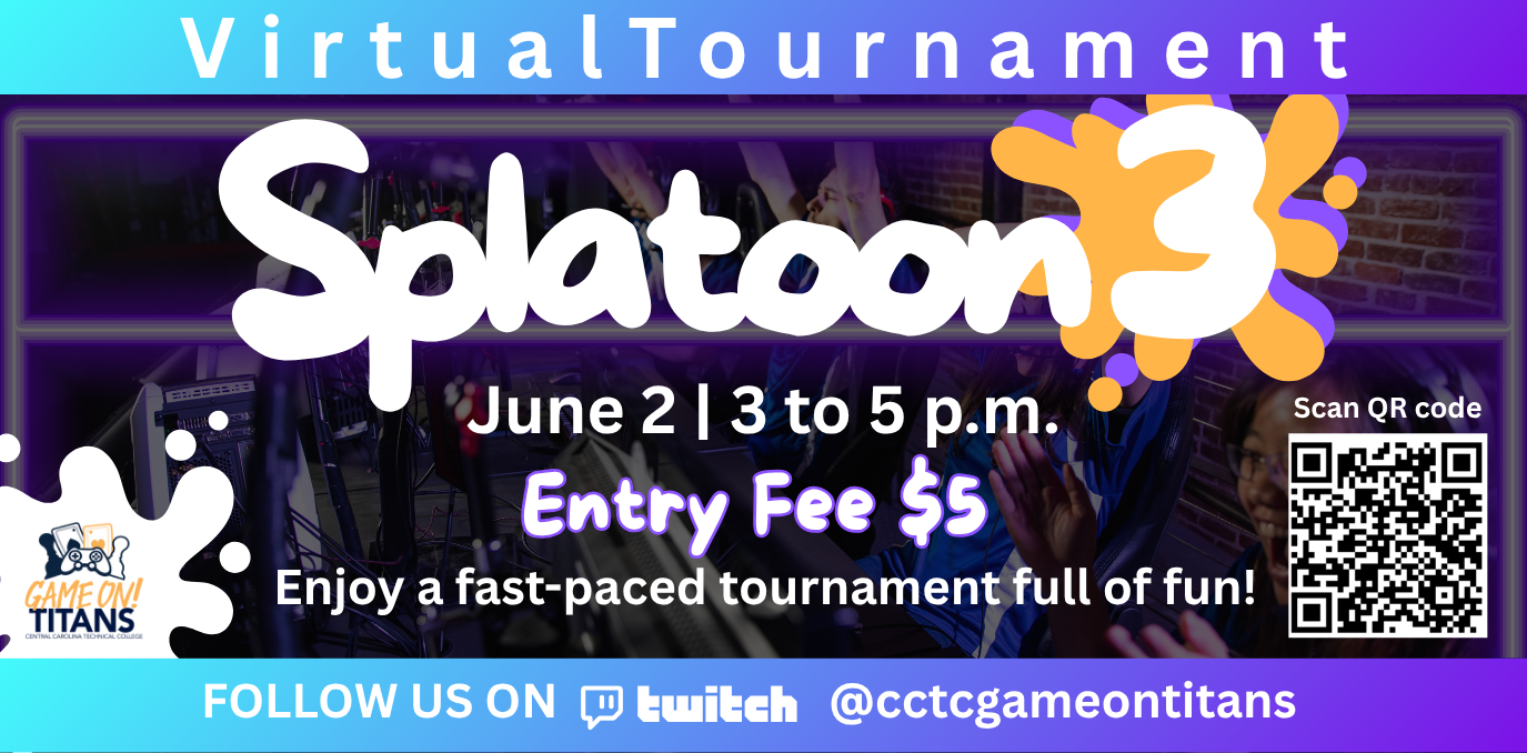 Fun graphic with event details, splatter patterns, Game on Titans logo, and QR code.