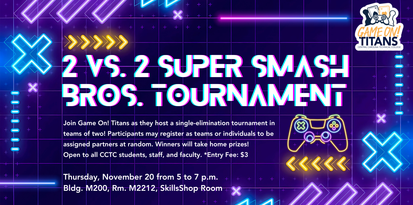 Event details in fun neon gaming theme with Game On! Titans logo.
