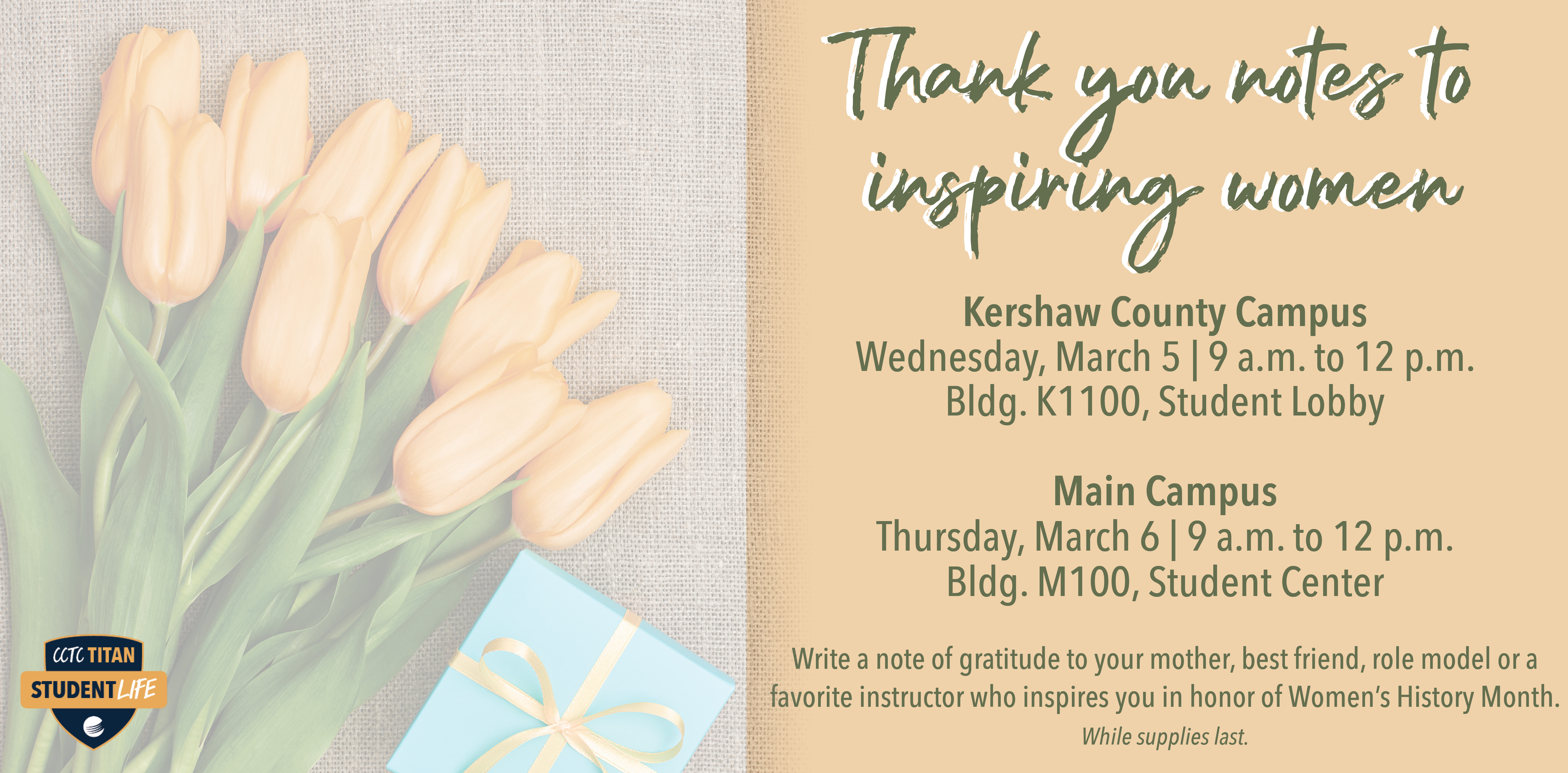 Event details with Student Life logo and picture of flowers and thank you notes.