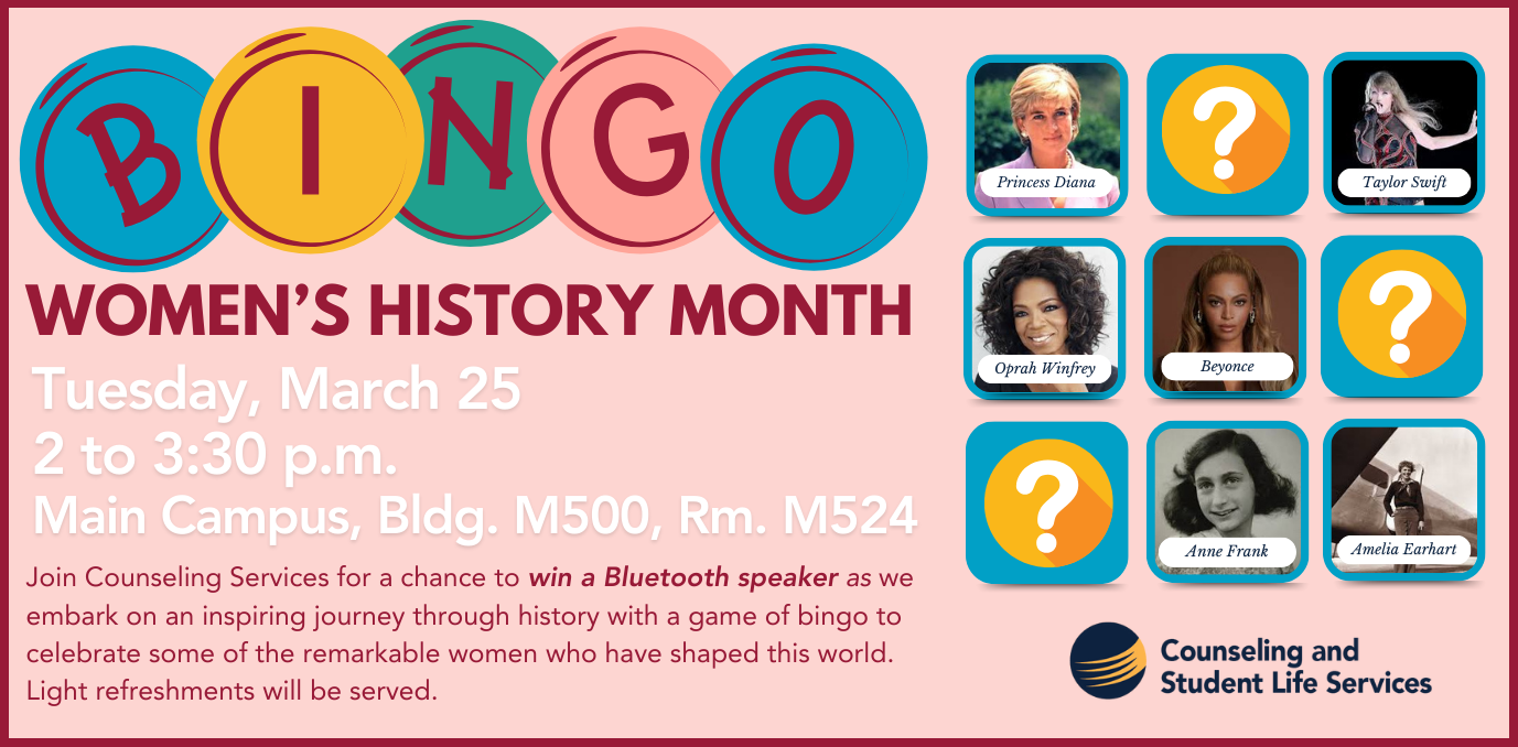 Evetn details with a mock Bingo Card of notable women's faces in the quares.